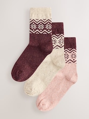Burgundy/Pink Fairisle Pattern Thermal Wool Blend Ankle Socks 3 Pack - Image 1 of 6