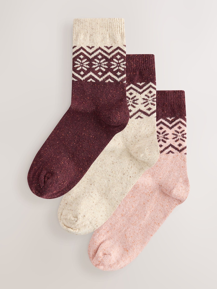 Burgundy/Pink Fairisle Pattern Thermal Wool Blend Ankle Socks 3 Pack - Image 1 of 6 Burgundy/Pink Fairisle Pattern Thermal Wool Blend Ankle Socks 3 Pack - Image 1 of 6