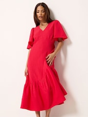 PixieGirl Petite Red Textured Asymmetric Midi Dress - Image 1 of 5