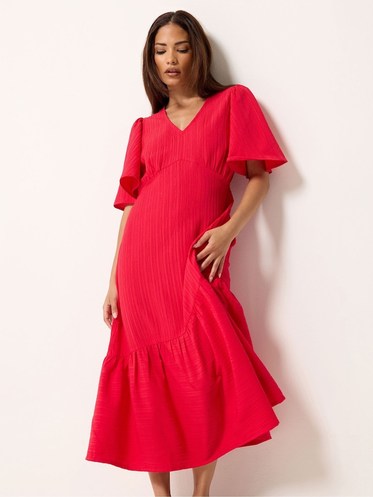 PixieGirl Petite Red Textured Asymmetric Midi Dress - Image 1 of 5