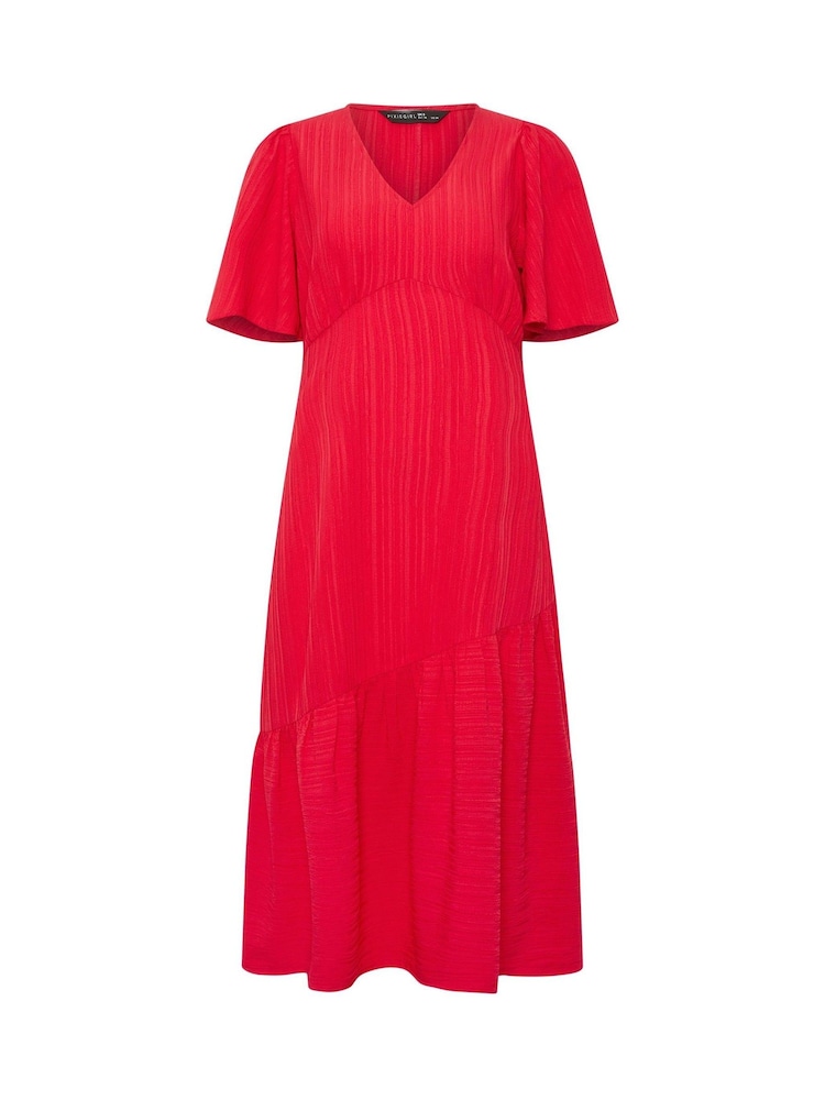 PixieGirl Petite Red Textured Asymmetric Midi Dress - Image 5 of 5