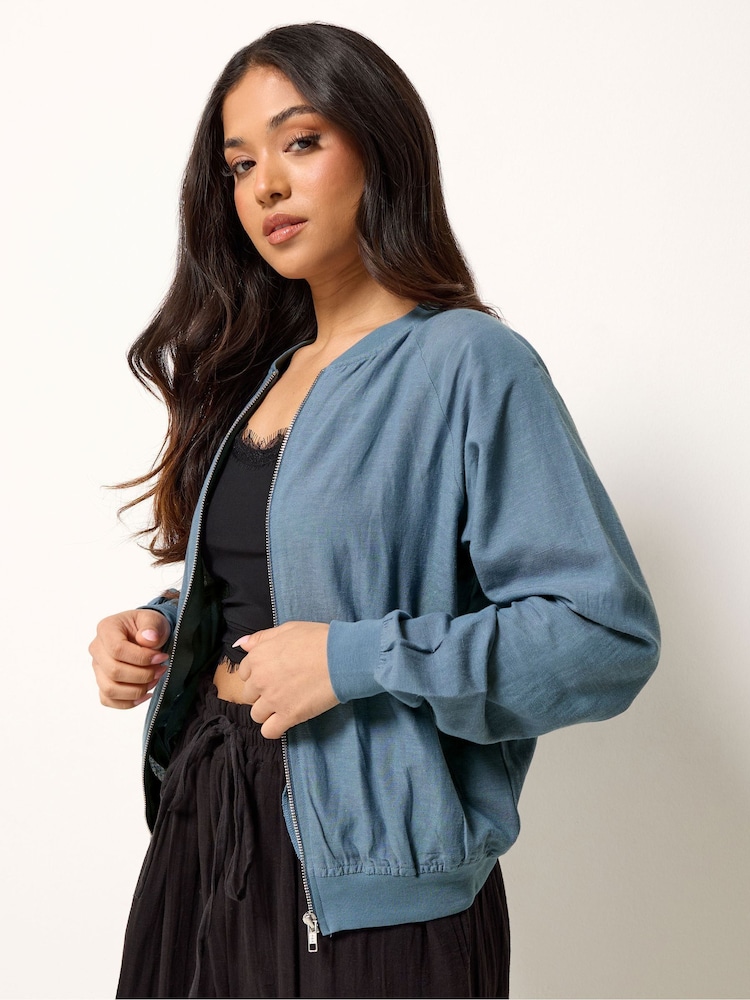 PixieGirl Petite Blue Linen Blend Zip Through Bomber Jacket - Image 1 of 5