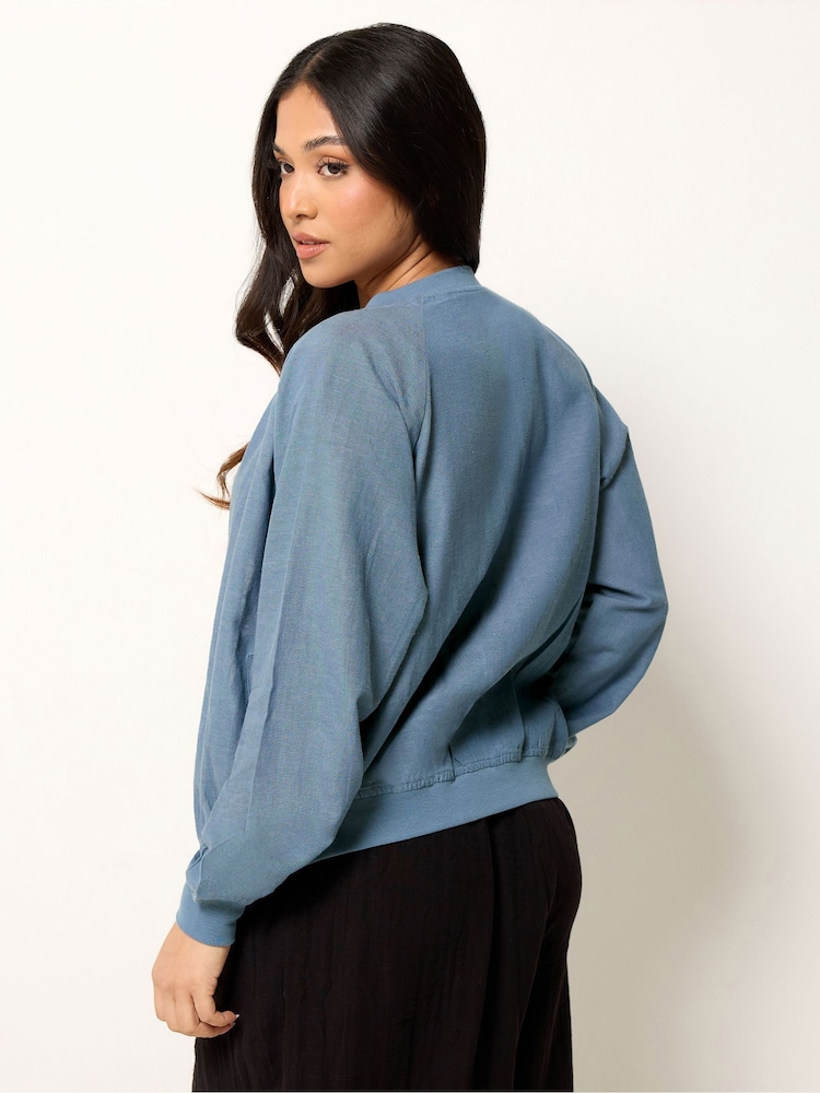 PixieGirl Petite Blue Linen Blend Zip Through Bomber Jacket - Image 2 of 5