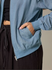 PixieGirl Petite Blue Linen Blend Zip Through Bomber Jacket - Image 4 of 5