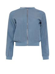 PixieGirl Petite Blue Linen Blend Zip Through Bomber Jacket - Image 5 of 5
