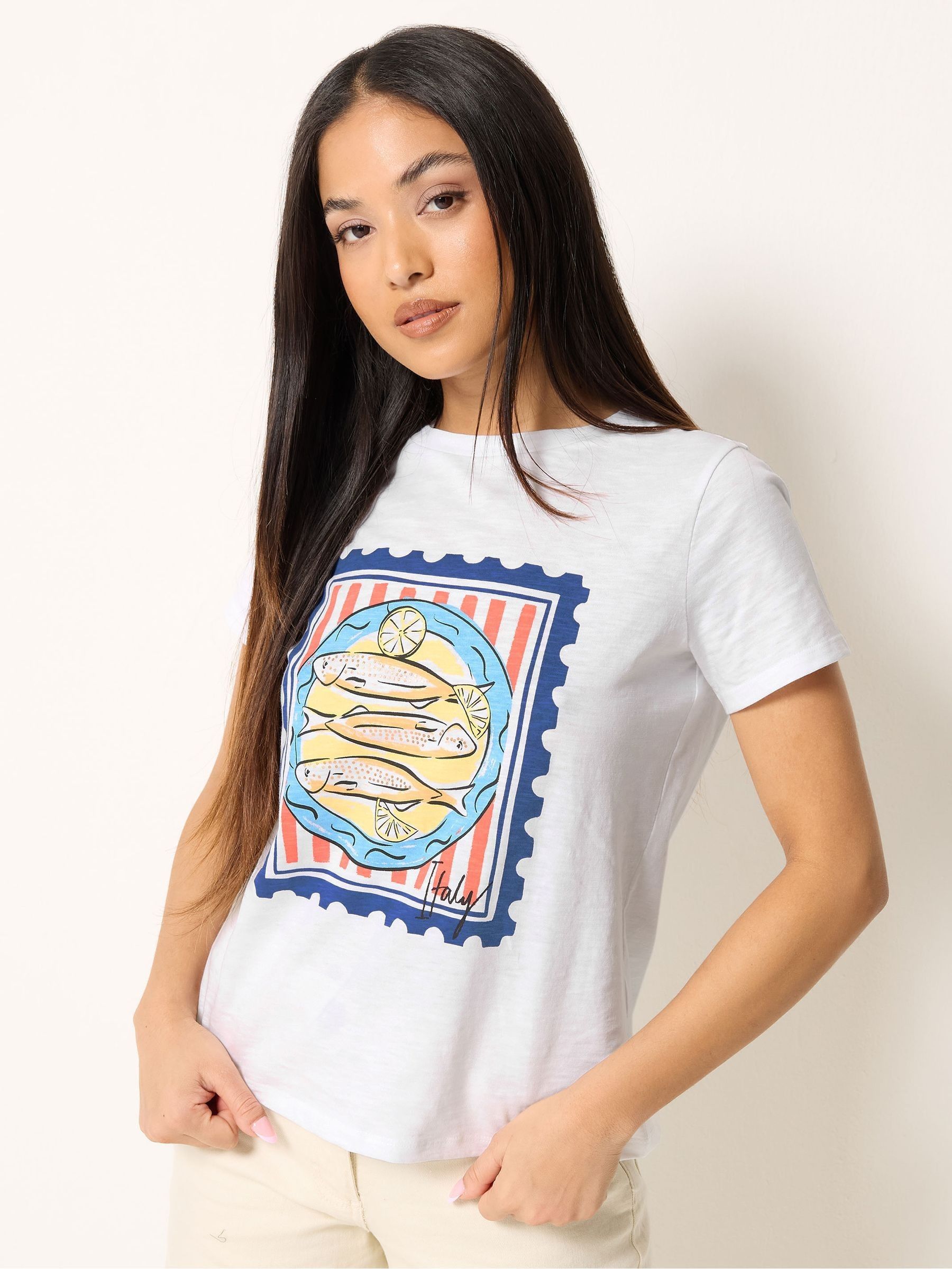 M & Co Women's White Petite Sardine Placement T-Shirt