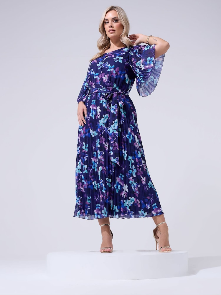 أزرق - Yours Curve London Floral Keyhole Pleated Maxi Dress - Image 1 of 5
