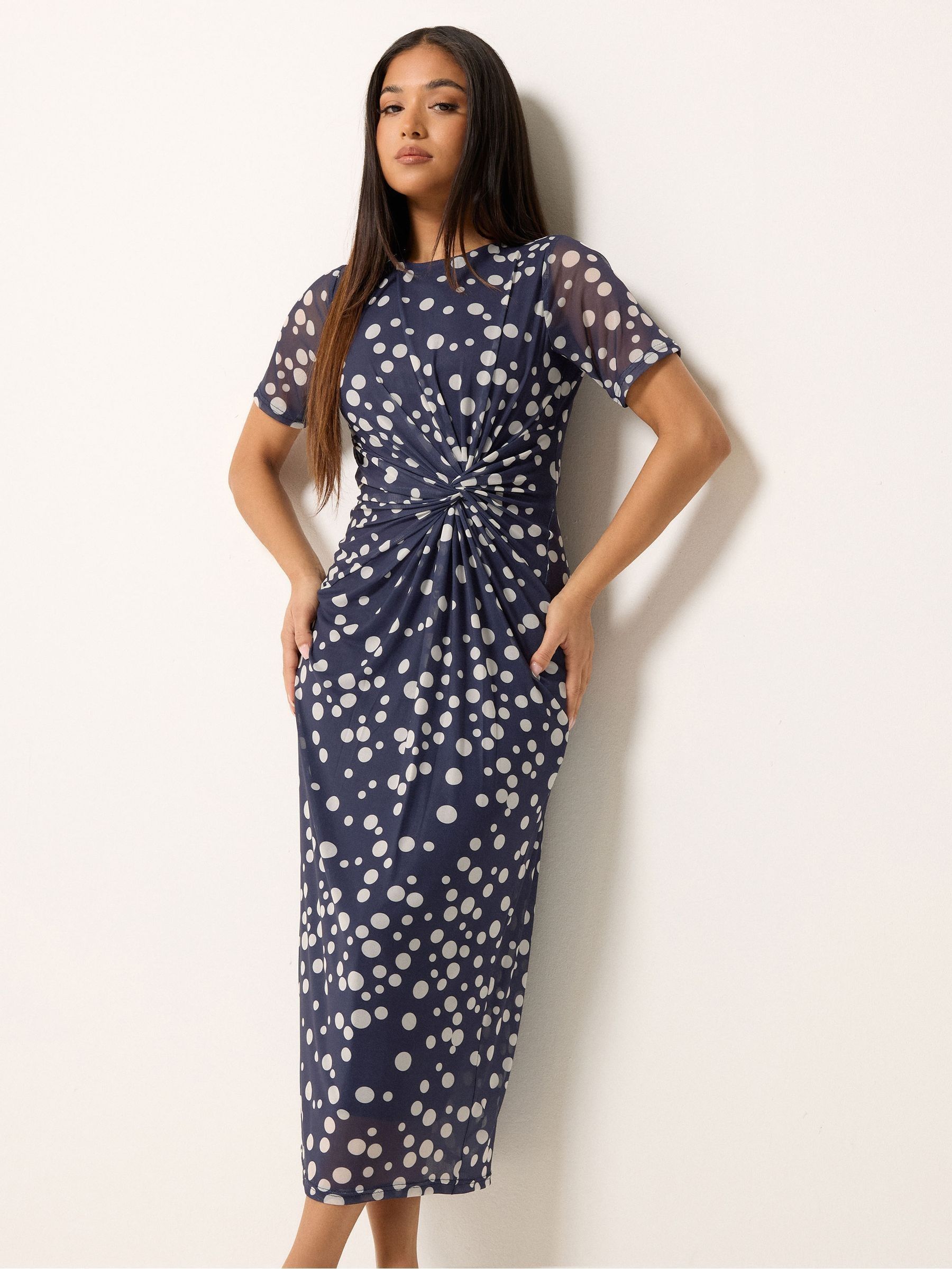 M & Co Women's Blue Petite Short Sleeve Twist Front Mesh Dress