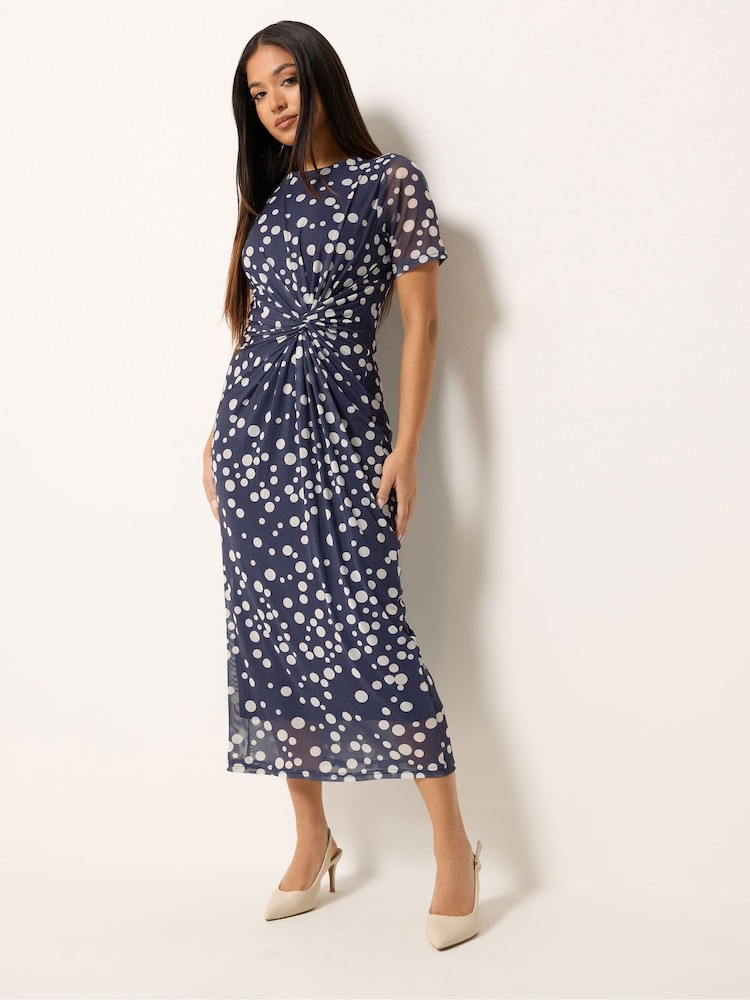 M&Co Blue Petite Short Sleeve Twist Front Mesh Dress - Image 2 of 5