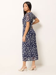 M&Co Blue Petite Short Sleeve Twist Front Mesh Dress - Image 3 of 5