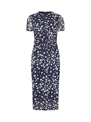 M&Co Blue Petite Short Sleeve Twist Front Mesh Dress - Image 5 of 5