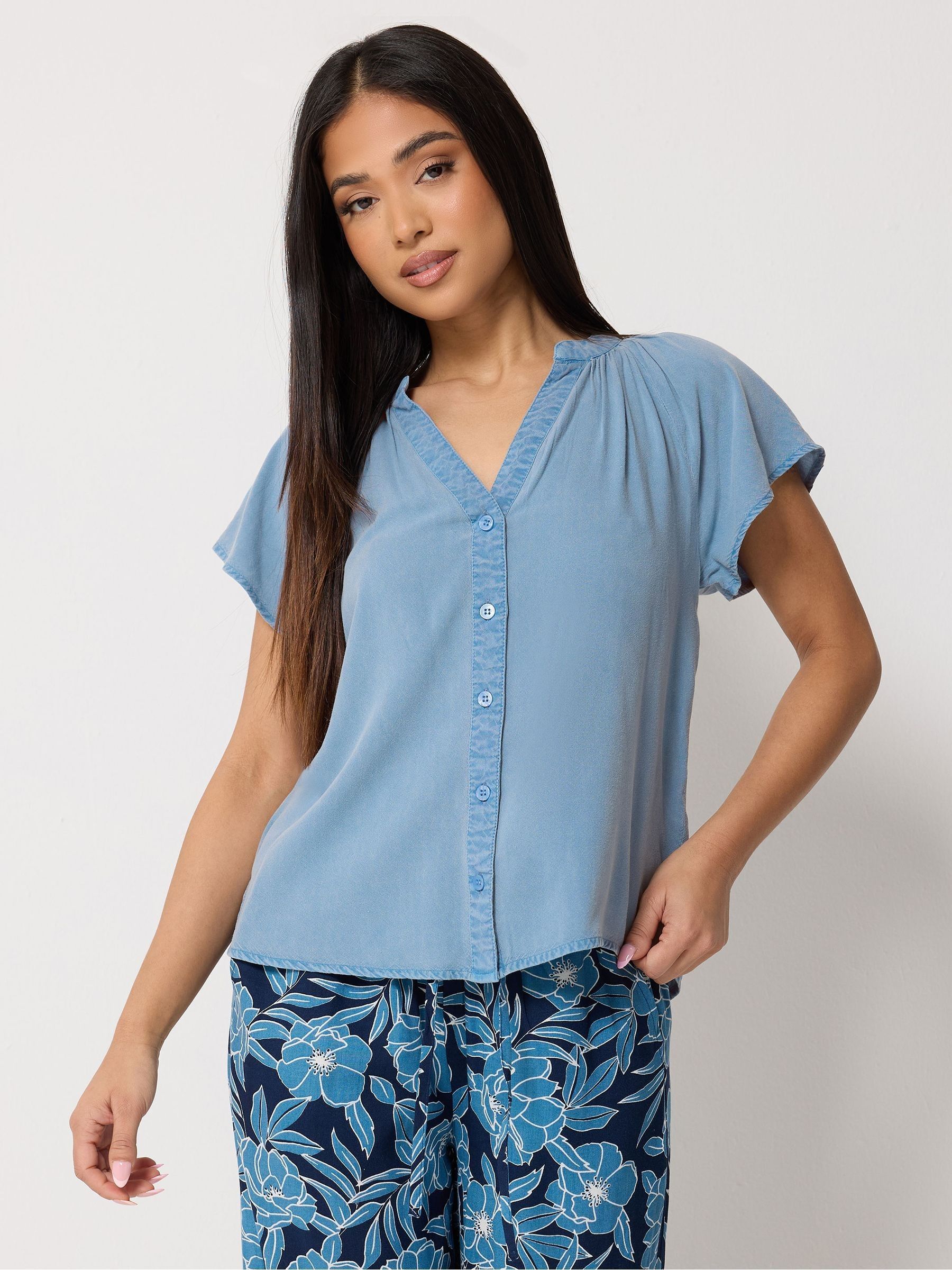 M & Co Women's Blue Petite Short Sleeve Button Blouse