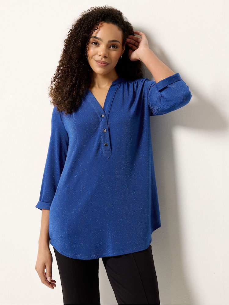 M&Co Blue Shimmer Half Placket Shirt - Image 1 of 5 M&Co Blue Shimmer Half Placket Shirt - Image 1 of 5