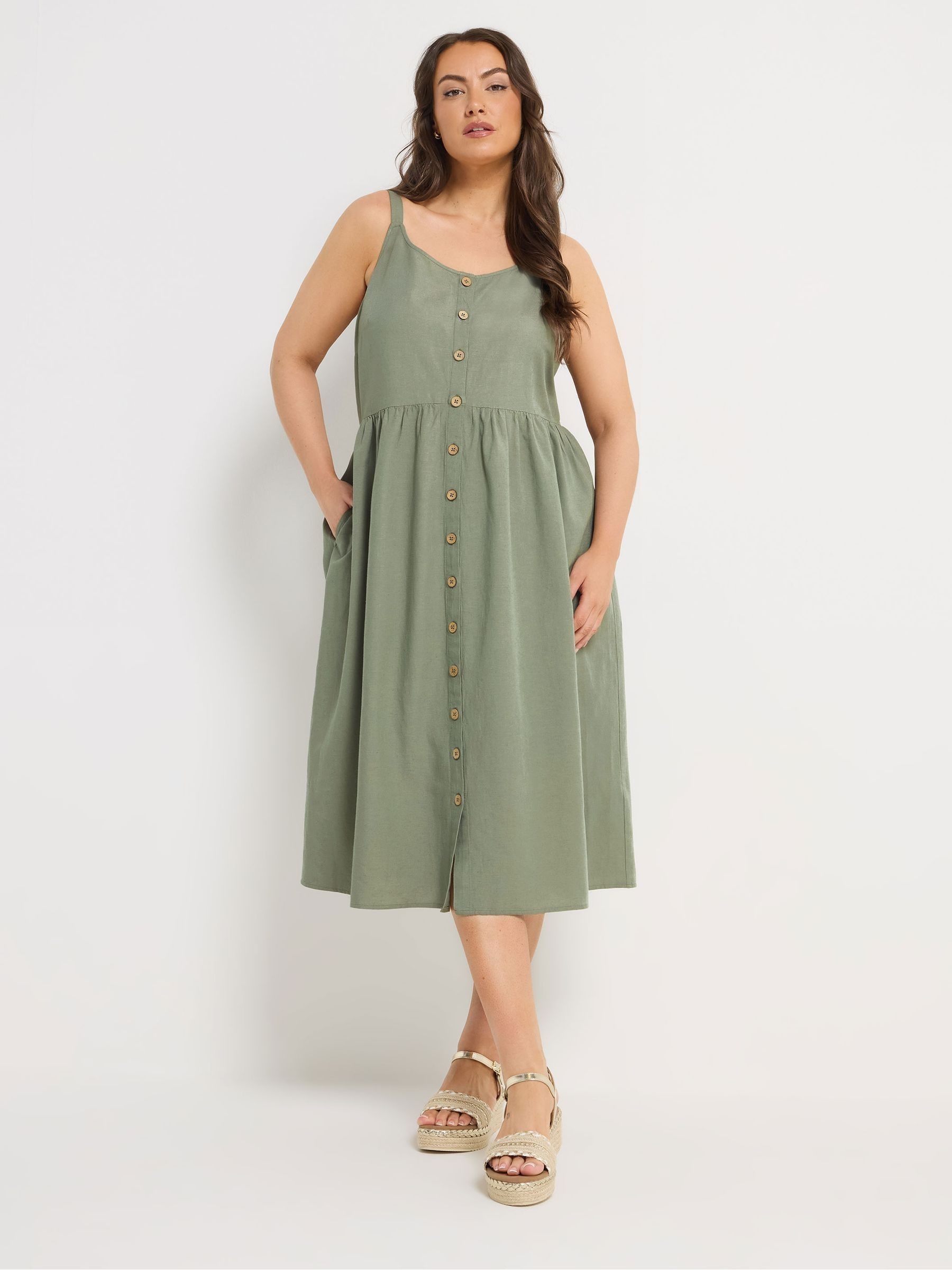Yours Curve Women's Green Cotton Blend Button Sundress