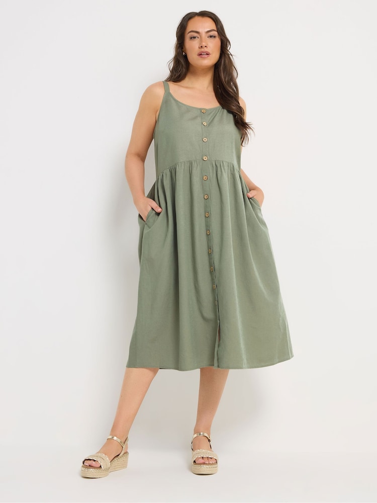 Yours Curve Green Linen Blend Button Sundress - Image 2 of 5