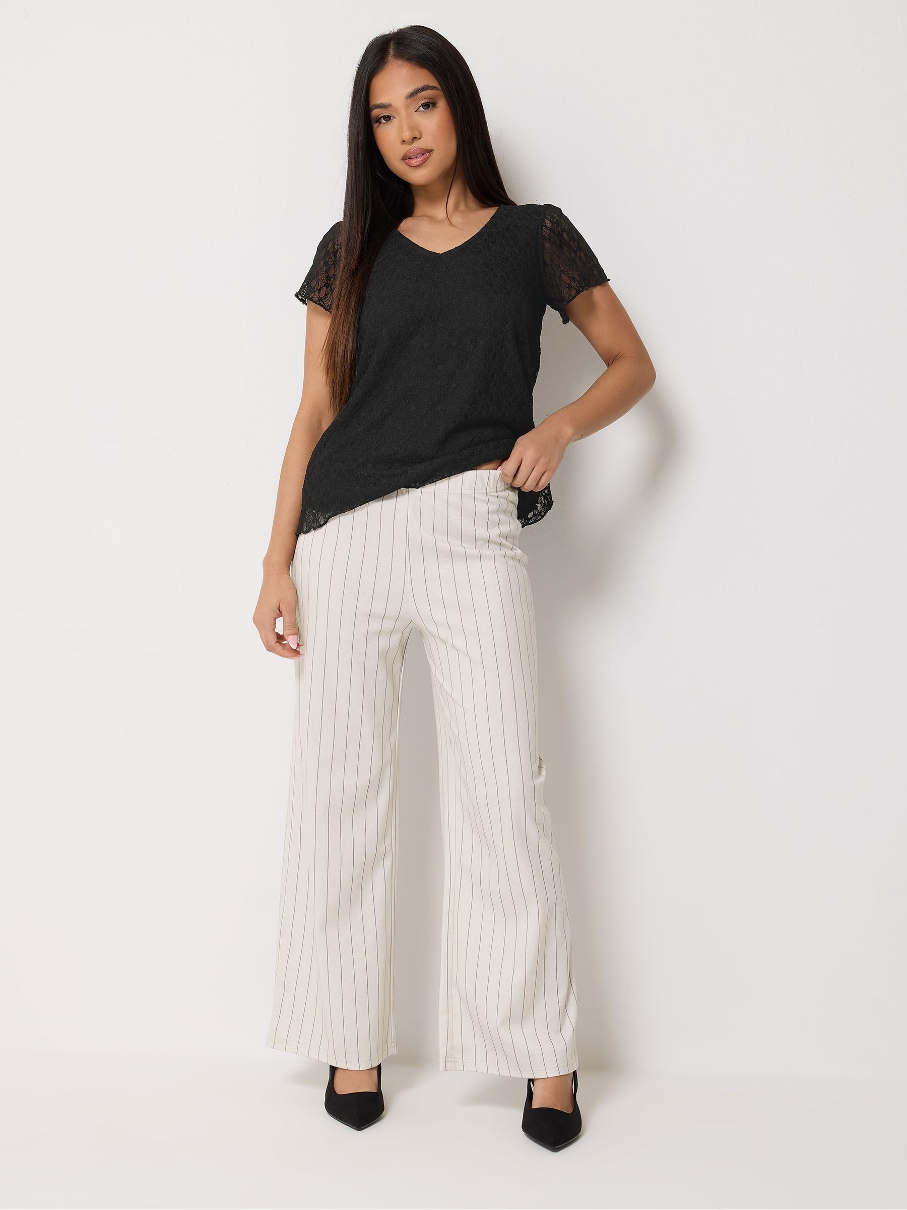 M & Co Women's Cream Petite Stripe Wide Leg Trousers