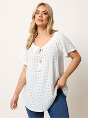 Yours Curve White Tie Neck Broderie Anglaise Top - Image 1 of 5