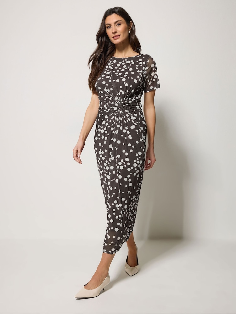 M&Co Brown Short Sleeve Twist Front Mesh Dress - Image 1 of 5