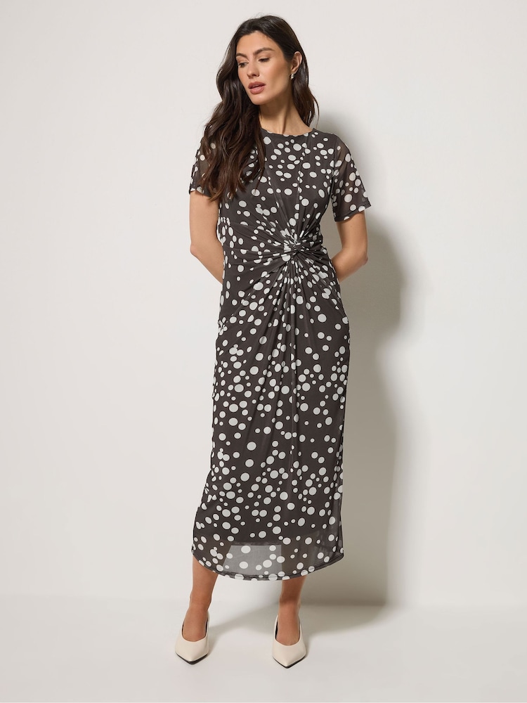 M&Co Brown Short Sleeve Twist Front Mesh Dress - Image 2 of 5