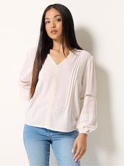 M&Co Cream Pintuck Trim Long Sleeve Blouse - Image 1 of 5