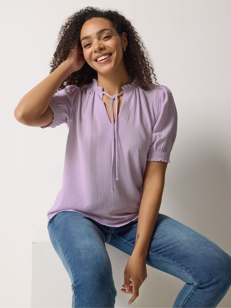 M&Co Purple Tie Neck Frill Sleeve Blouse - Image 1 of 5