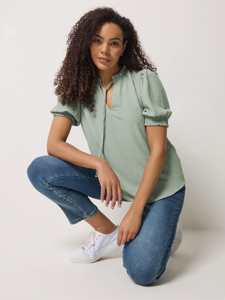 M&Co Green Tie Neck Frill Sleeve Blouse - Image 1 of 6 M&Co Green Tie Neck Frill Sleeve Blouse - Image 1 of 6