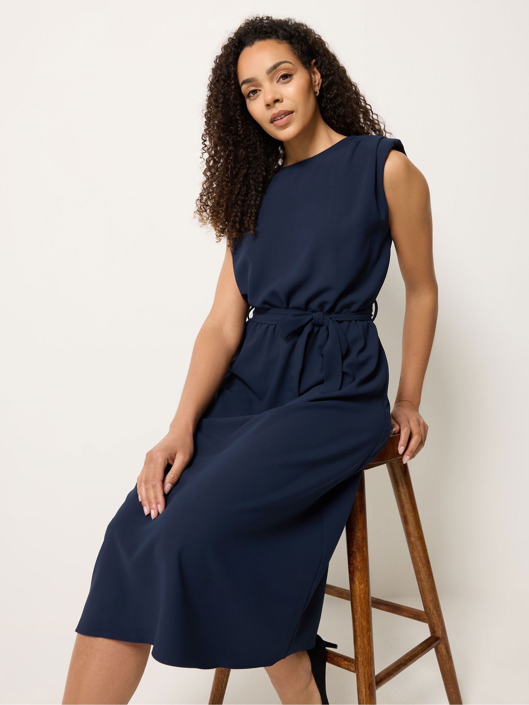 M & Co Women's Blue Tie Waist Sleeveless Midi Dress