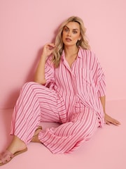 Yours Curve Pink Striped Crinkle Wide Leg Trousers - Image 1 of 4