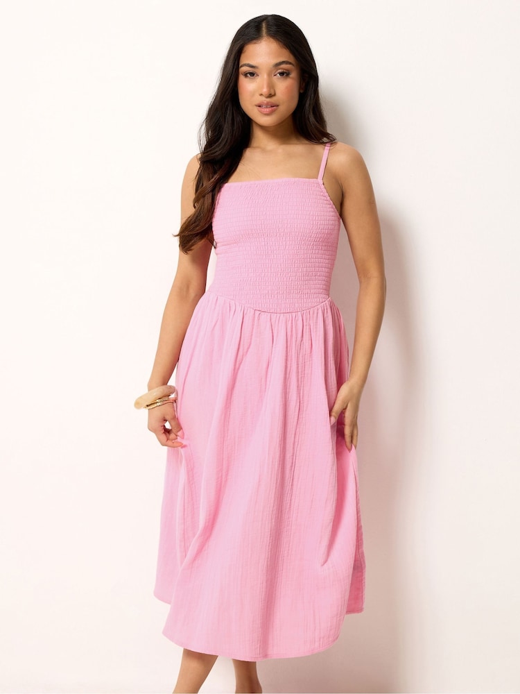 PixieGirl Pink Shirred Cheesecloth Midi Dress - Image 1 of 5 PixieGirl Pink Shirred Cheesecloth Midi Dress - Image 1 of 5