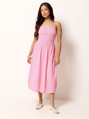 PixieGirl Pink Shirred Cheesecloth Midi Dress - Image 2 of 5