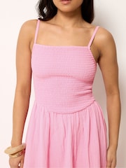 PixieGirl Pink Shirred Cheesecloth Midi Dress - Image 4 of 5