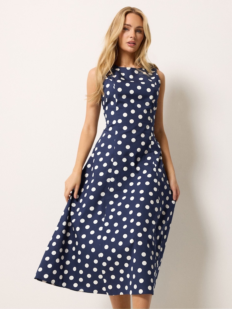 M&Co Blue Spot Print Fit & Flare Dress - Image 1 of 5