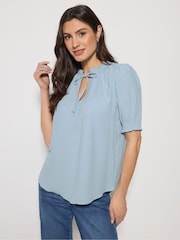 M&Co Blue Tie Neck Frill Sleeve Blouse - Image 1 of 5