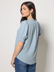 M&Co Blue Tie Neck Frill Sleeve Blouse - Image 2 of 5