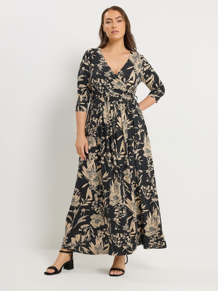 Yours Curve Black Soft Touch Floral Wrap Dress - Image 1 of 5