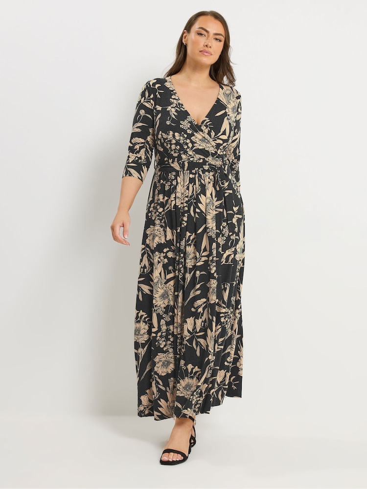Yours Curve Black Soft Touch Floral Wrap Dress - Image 2 of 5