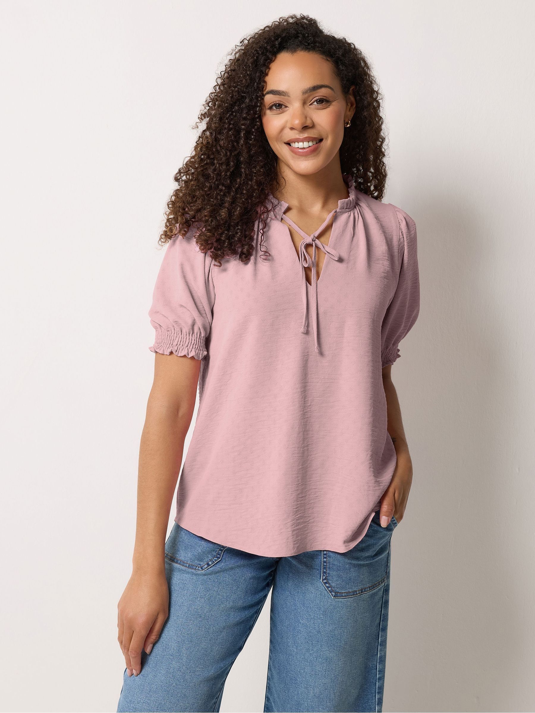 Buy M&Co Pink Tie Neck Frill Sleeve Blouse from the Next UK online