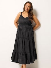 Yours Curve Black Tiered Strappy Smock Dress - Image 1 of 4
