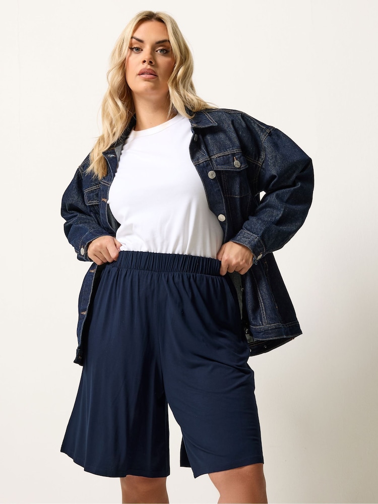 Yours Curve Navy Pull On Jersey Shorts - Image 1 of 5 Yours Curve Navy Pull On Jersey Shorts - Image 1 of 5