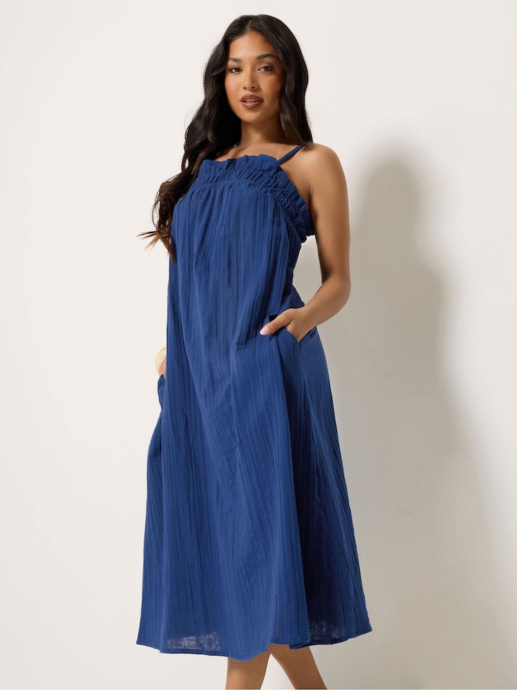 PixieGirl Blue Shirred Cheesecloth Midi Dress - Image 1 of 5 PixieGirl Blue Shirred Cheesecloth Midi Dress - Image 1 of 5
