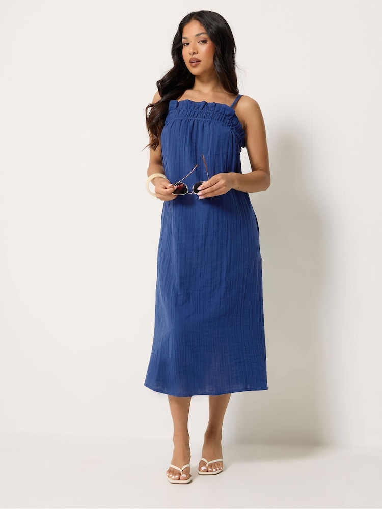 PixieGirl Blue Shirred Cheesecloth Midi Dress - Image 2 of 5 PixieGirl Blue Shirred Cheesecloth Midi Dress - Image 2 of 5
