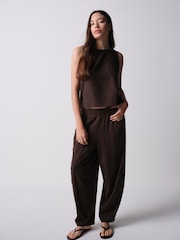 The Set 2 Pack Barrel Leg Trousers With Linen Stone Brown/Chocolate Brown - Image 3 of 11