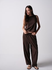 The Set 2 Pack Barrel Leg Trousers With Linen Stone Brown/Chocolate Brown - Image 4 of 11