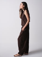 The Set 2 Pack Barrel Leg Trousers With Linen Stone Brown/Chocolate Brown - Image 5 of 11