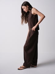 The Set 2 Pack Barrel Leg Trousers With Linen Stone Brown/Chocolate Brown - Image 7 of 11