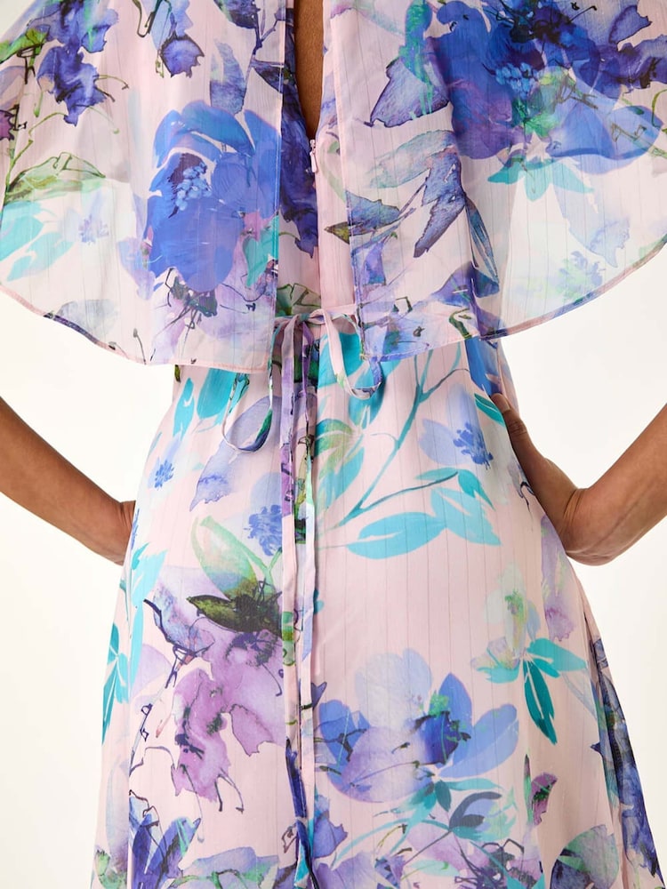 Roman Purple Floral Print Cape Back Midi Dress - Image 6 of 6