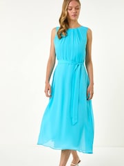 Roman Blue Chiffon Pleat Neck Midi Dress - Image 1 of 7