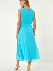 Roman Blue Chiffon Pleat Neck Midi Dress - Image 3 of 7