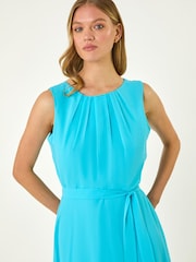 Roman Blue Chiffon Pleat Neck Midi Dress - Image 4 of 7