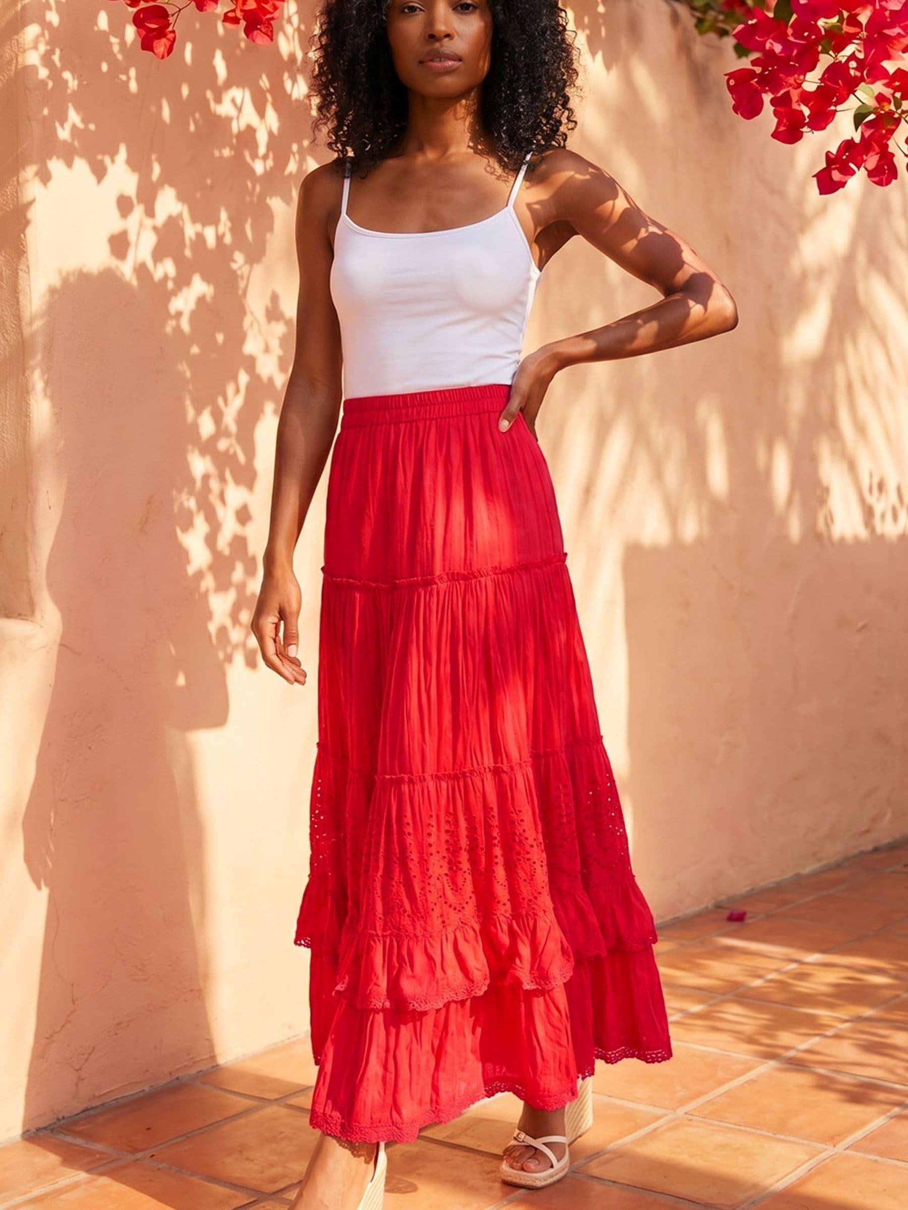 【Reha.】Tuck Maxi Skirt Buy Roman Red Broderie Tiered Maxi Skirt from the Next UK online shop